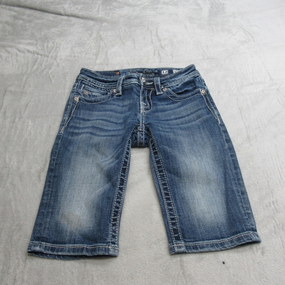 Miss Me Bermuda Shorts Women 12 Dark Wash Denim Embellished Pockets Whisker Fade